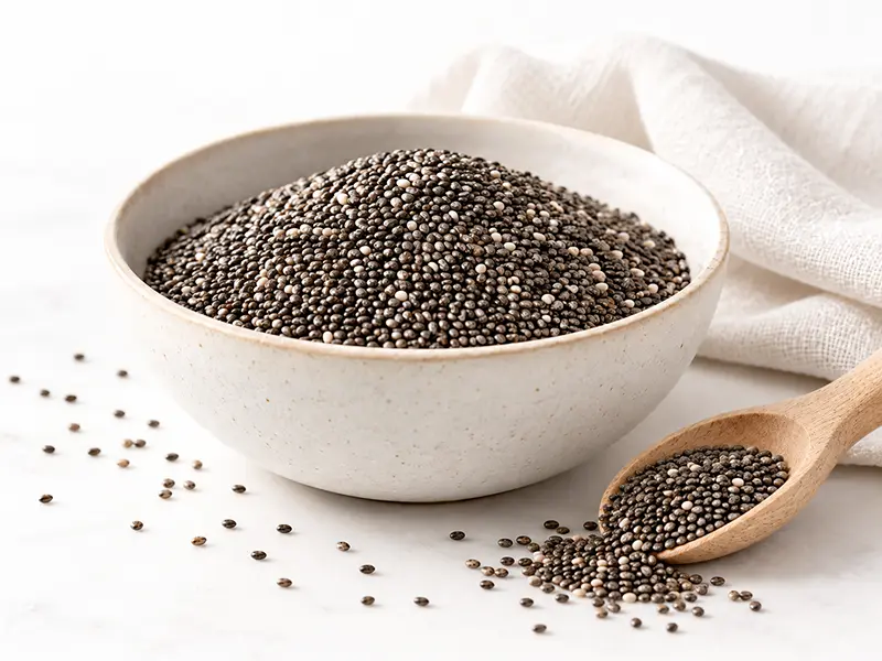Bowl of whole chia seeds with wooden scoop
