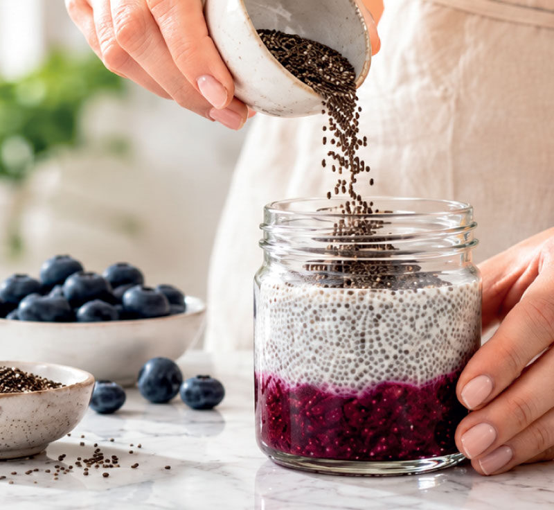 Hand-finished layered chia pudding prepared with fresh ingredients